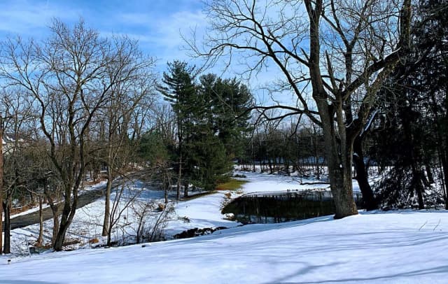 Snow-covered landscape with leafless trees, a single road on left side, a serene pond, and clear blue sky. The scene conveys a quiet, peaceful winter day.